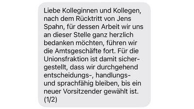 SMS des geschäftsführenden Fraktionsvorstands an alle Mitglieder der Unionsfraktion.