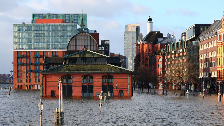 dpa - Der Fischmarkt in Hamburg wurde bei einer Sturmflut überschwemmt.
