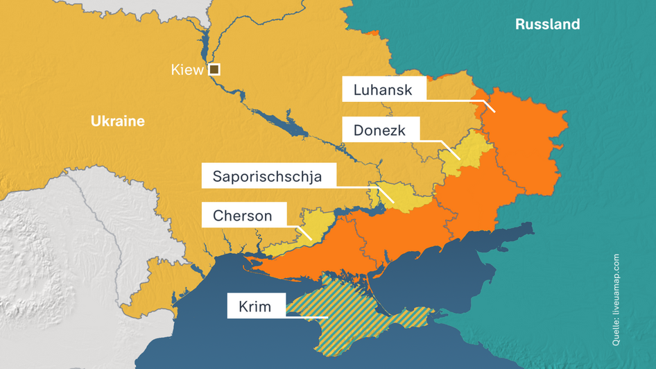 Legende: orange = russische Truppen in der Ukraine, gelb = unter ukrainischer Kontrolle, gestreift = ukrainisches Gebiet, 2014 von Russland annektiert