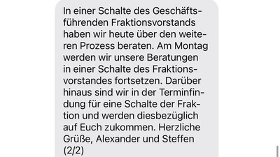 SMS des geschäftsführenden Fraktionsvorstands an alle Mitglieder der Unionsfraktion.